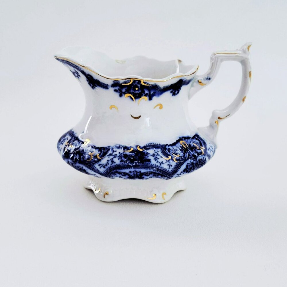 Rare Antique Meakin Flow Blue York Creamer, Floral, Swag, Gold Accents, Embossed